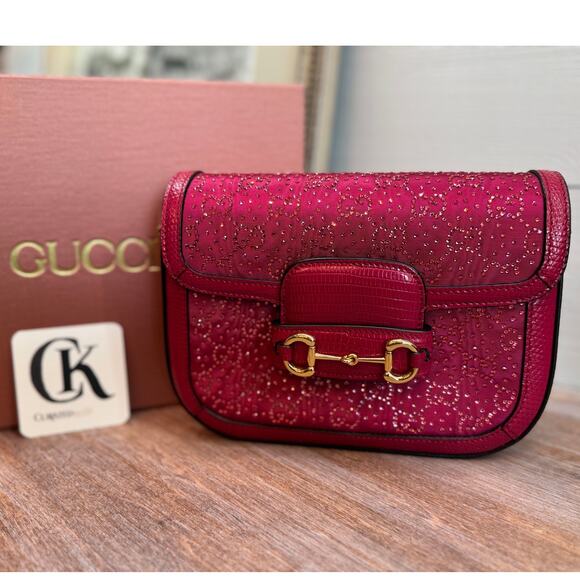 Gucci Mini 1955 Horsebit Pink Lizard Leather & Crystal Bag EXOTIC NIB - Picture 2 of 9